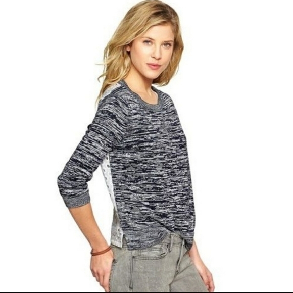 Gap Eyelet Lace Back Marled 1/2 Sleeve Sweater Mixed Media Natural Fibers S - Picture 2 of 8